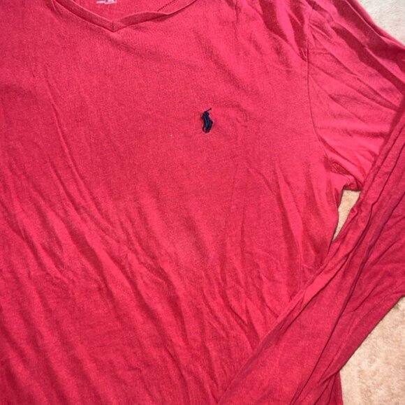 Polo Ralph Lauren Men Med Red Long‎ Sleeve Cotton Navy Blue Pony Logo Shirt (T) - Picture 2 of 6